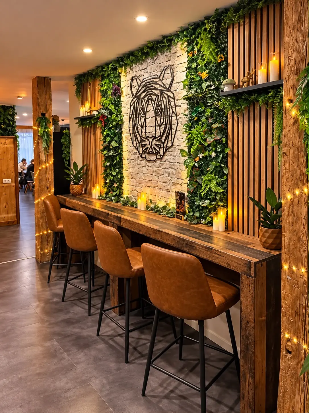 Sitzplätze an der begrünten Tigerwand im hinteren Bereich des Bistro 21
